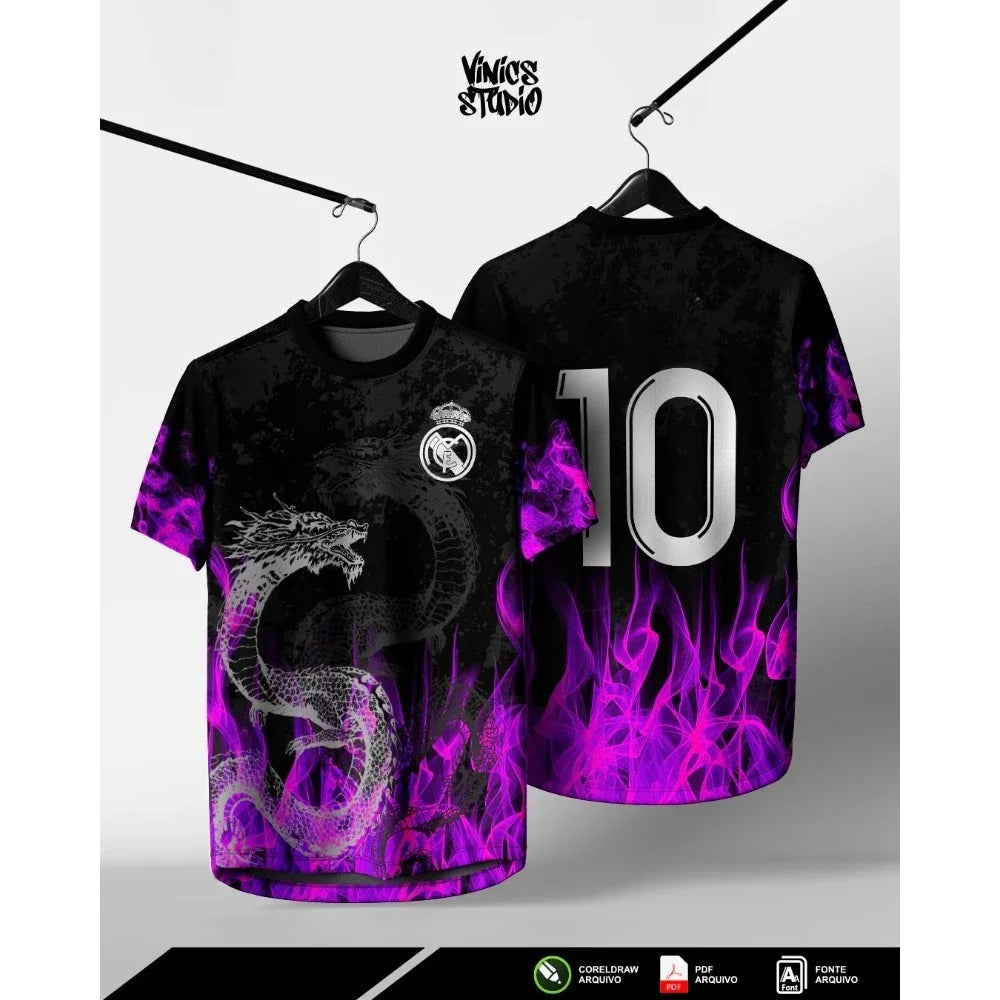 Dragon Jersey - Black with Purple Flames Number 10 Unique Dragon Design Ideal for Football & Art Enthusiasts